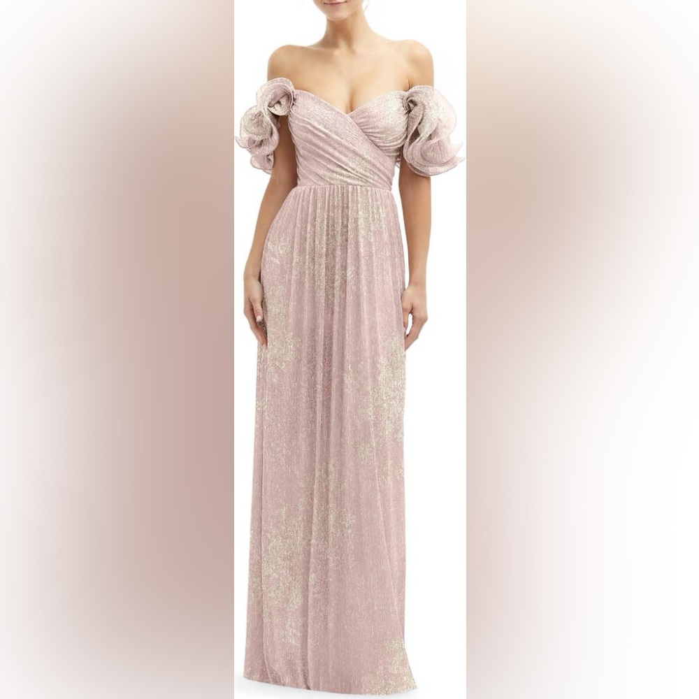 New Ruffle Off the Shoulder Metallic Column Gown pink gold

L=12-14